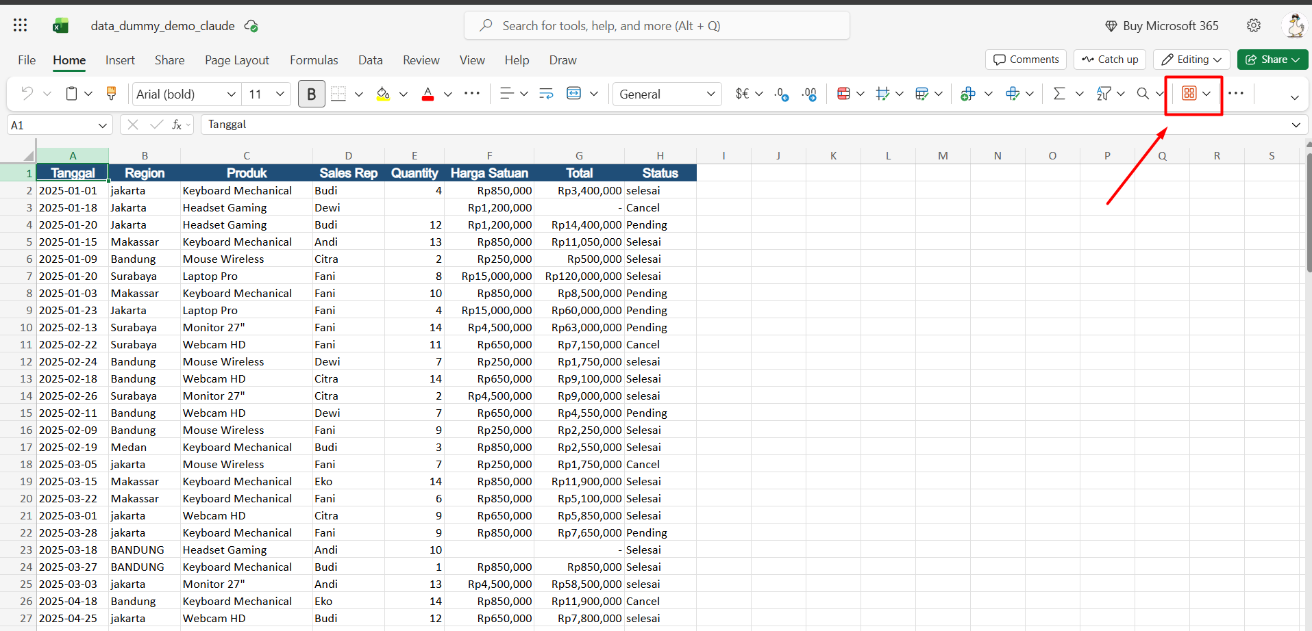 Contoh data penjualan dummy di Excel Online