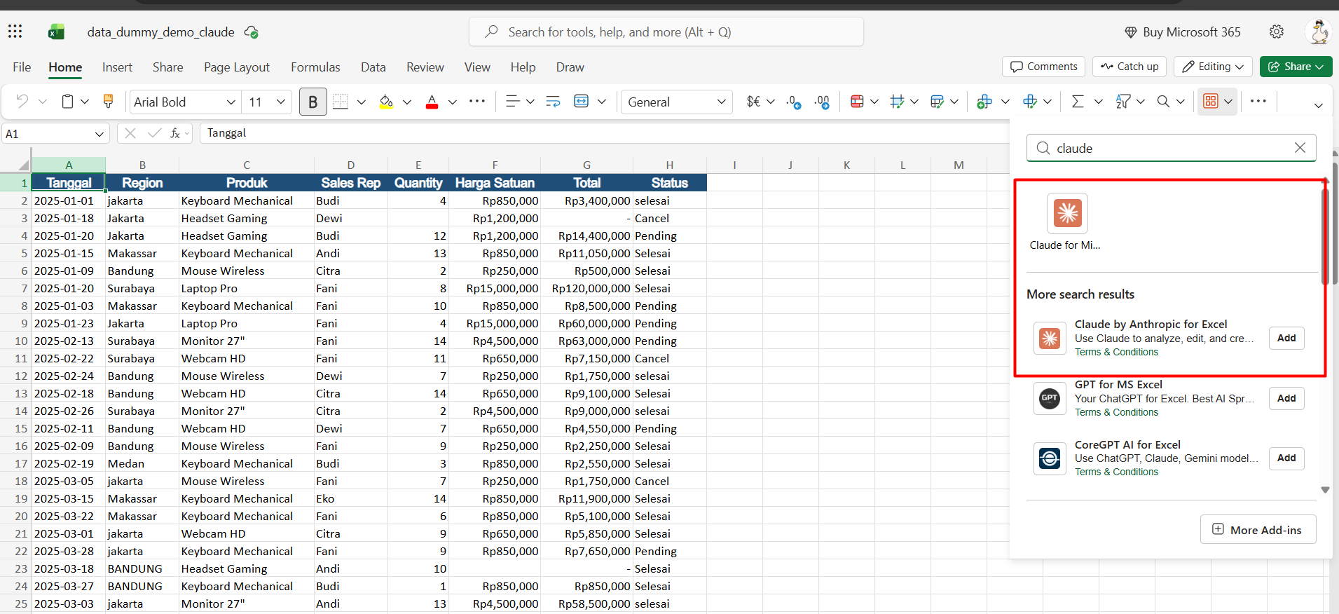 Pencarian add-in Claude for Microsoft di Excel Online