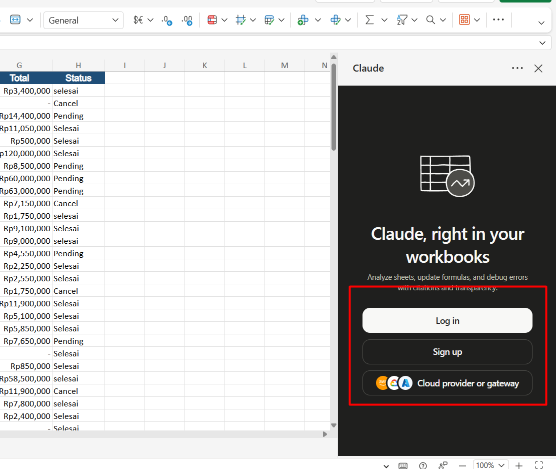 Panel Claude di Excel meminta login atau sign up