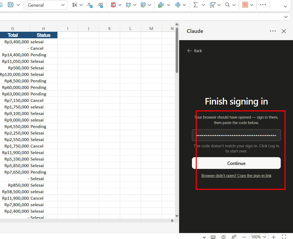 Jendela Finish signing in untuk menempelkan kode konfirmasi Claude