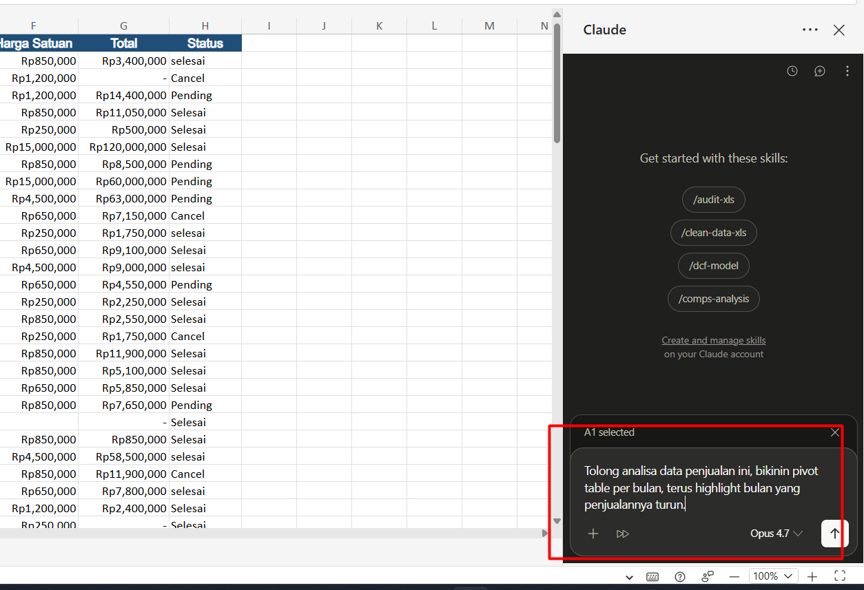 Mengetik prompt analisis pivot table di Claude