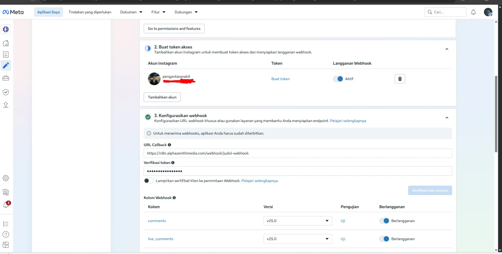 Halaman konfigurasi webhook Instagram